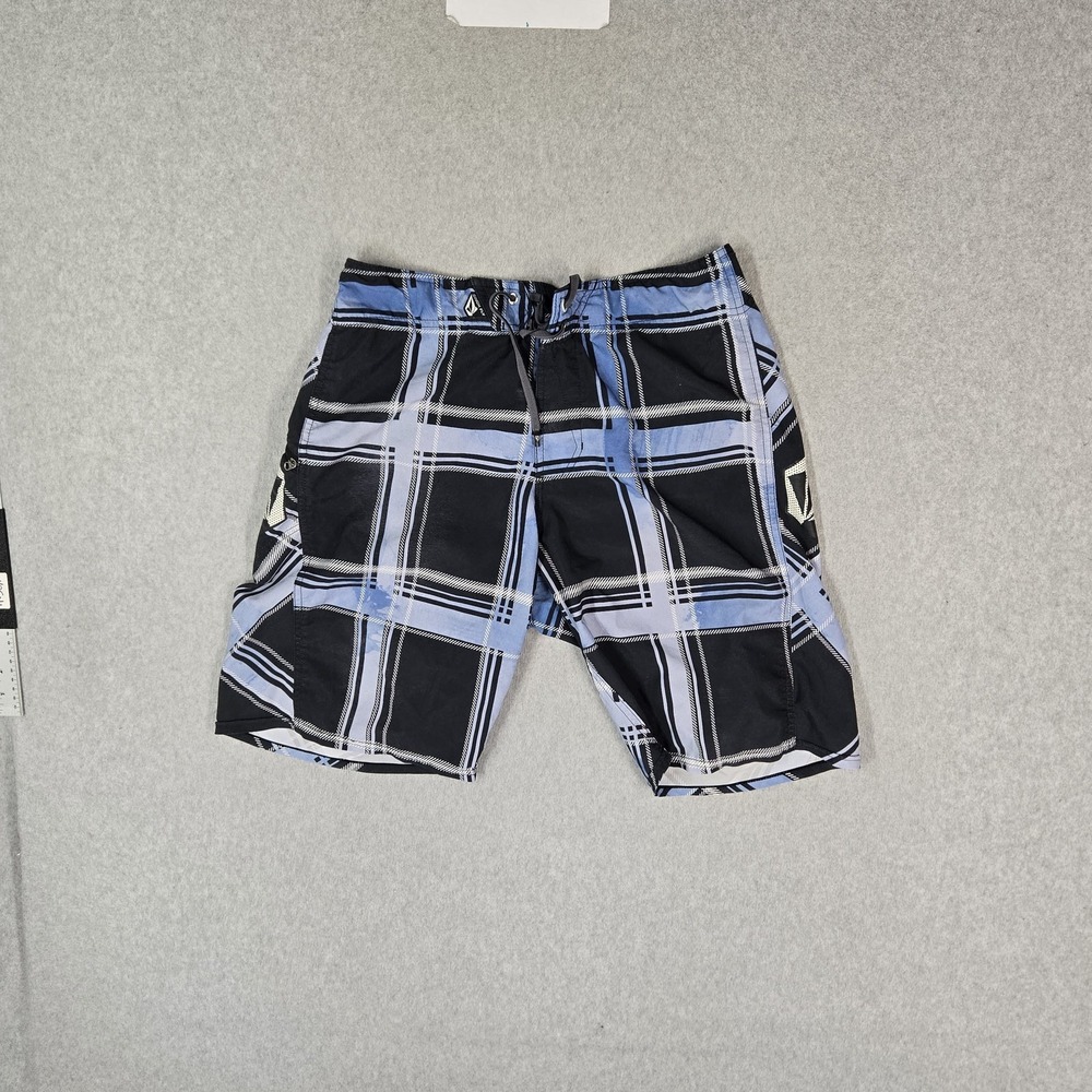 Volcom Men Shorts 33 Black Swimwear Plaid Boardshorts 4 Way Stretch 10" Inseam